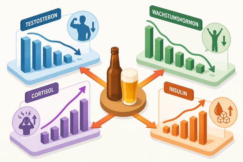 Infografik zeigt die Auswirkungen von Alkoholkonsum auf verschiedene Hormone wie Testosteron, Wachstumshormon, Cortisol und Insulin.
