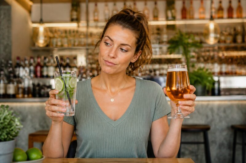 Eine Person wählt bewusst zwischen einem gesunden, kalorienarmen Getränk und einem alkoholischen Getränk, um Abnehmziele zu unterstützen.