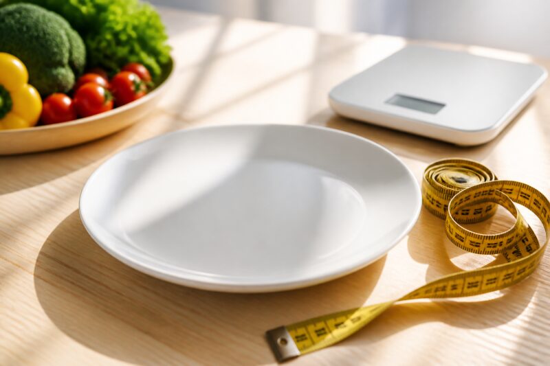 Ein leerer weißer Teller mit einem daneben liegenden Maßband und einer kleinen Küchenwaage im Hintergrund, symbolisiert Portionskontrolle.