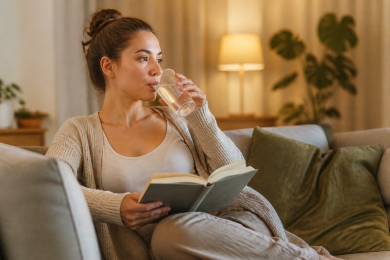 Eine Person entspannt auf einem Sofa, trinkt Wasser und liest ein Buch, symbolisierend die Bedeutung von Hydration und Stressabbau.