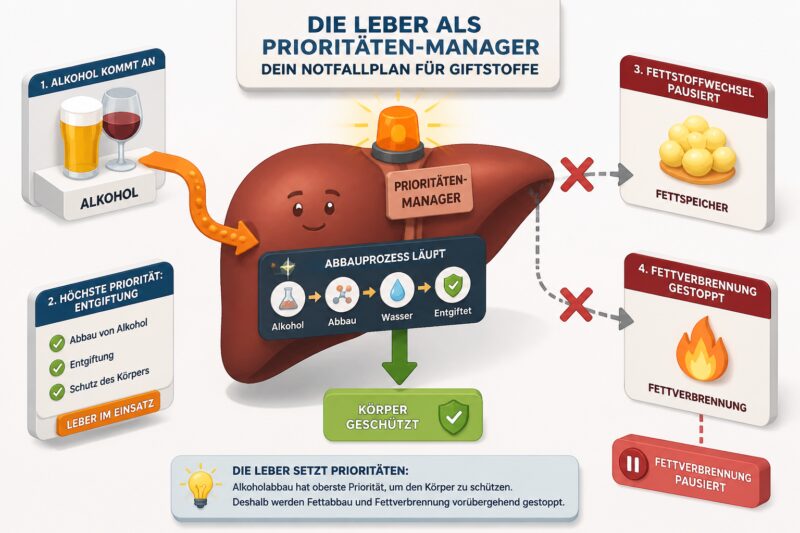 Infografik der Leber, die zeigt, wie der Alkoholabbau priorisiert wird und den Fettstoffwechsel unterbricht.