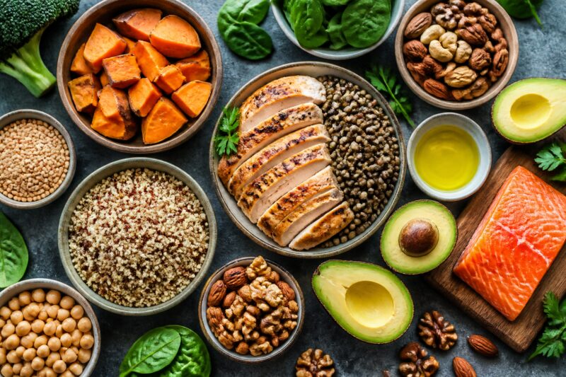 Ein Arrangement aus proteinreichen (Hähnchen, Linsen), komplexen Kohlenhydraten (Süßkartoffel, Quinoa) und gesunden Fetten (Avocado, Nüsse) Lebensmitteln auf einem Tisch.