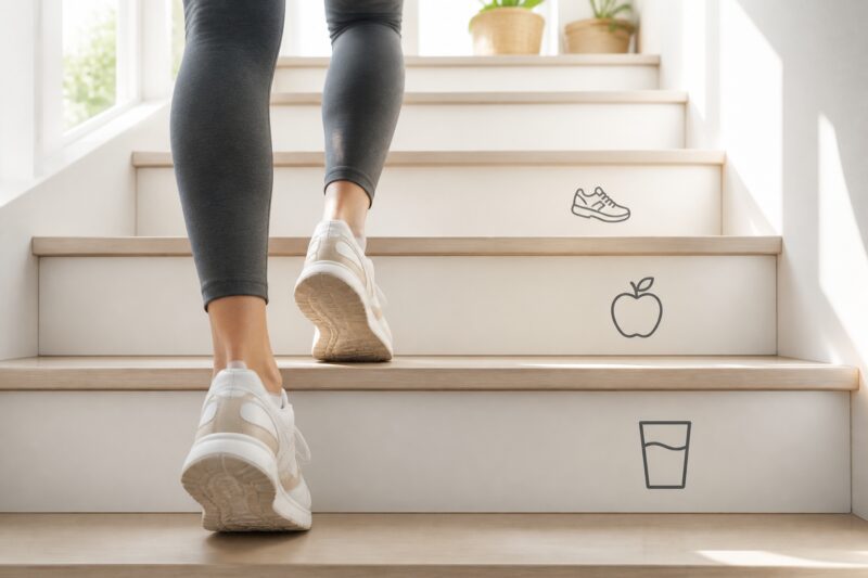 Eine Person, die Stufen mit Symbolen für gesunde Gewohnheiten wie Wasser trinken und Sport hochsteigt, um abnehmen leicht gemacht zu symbolisieren.