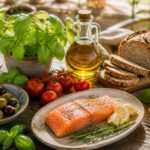Mediterranes Stillleben mit Oliven, Tomaten, Olivenöl und Fisch – symbolisch für Abnehmen mit mediterraner Ernährung