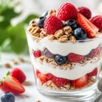 Abnehmen mit gesunden Desserts: Ein geschichtetes Glas mit frischen Beeren, Joghurt und Granola, das gesunde Desserts zum Abnehmen visualisiert und Genuss ohne Reue verspricht.
