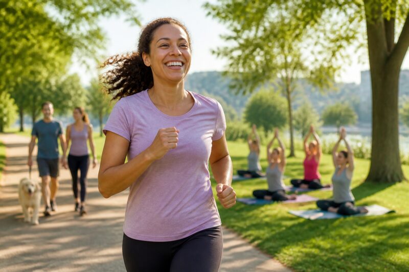 dauerhaftes Abnehmen Tipps: Lächelnde Person joggt entspannt durch einen sonnigen Park