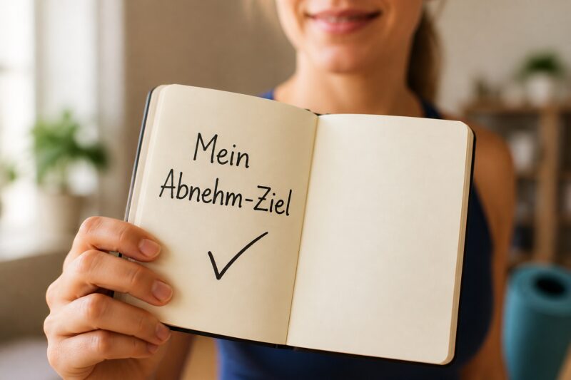 Hand hält Notizbuch mit 'Mein Abnehm-Ziel' und einem Häkchen, symbolisiert den Start zum Wunschgewicht. Hand hält Notizbuch mit 'Mein Abnehm-Ziel' und einem Häkchen, symbolisiert den Start zum Wunschgewicht.