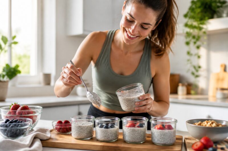 Eine Frau portioniert gesunde Desserts in kleine Gläser in einer modernen Küche, um die Integration und Planung im Abnehm-Alltag zu erleichtern.