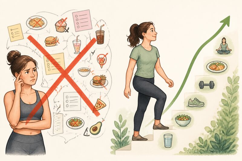 Eine Illustration, die eine komplizierte Diät als gescheitert darstellt und einen einfachen, aufsteigenden Weg zum Abnehmerfolg zeigt.
