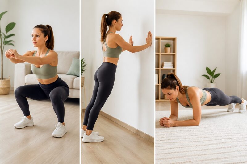 Collage mit drei einfachen Fitnessübungen für Zuhause zum Abnehmen: Kniebeugen, Wandschub und Plank.