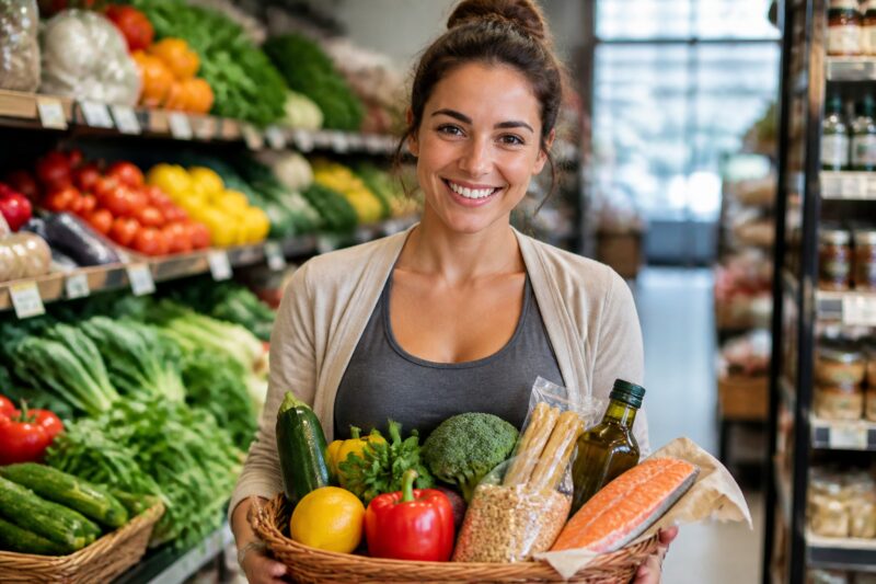 Abnehmen mit mediterraner Ernährung: Lachende Frau beim Einkauf von mediterranen Lebensmitteln wie Gemüse, Olivenöl und Fisch im Supermarkt