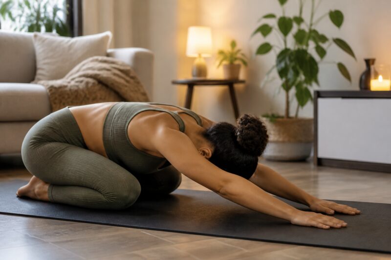Eine Frau entspannt sich mit einer sanften Yoga-Übung, was zur Stressreduktion und damit zum Abnehmen am Abend beiträgt.