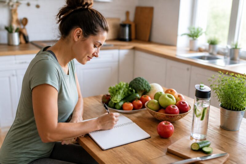 Abnehmen mit Essensplanung: Eine junge Frau schreibt konzentriert ihren Ernährungsplan in ein Notizbuch, um ihr Abnehmen zu unterstützen.