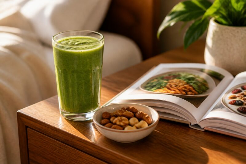 Ein gesunder Smoothie und Nüsse auf einem Nachttisch neben einem Ernährungsbuch für Regeneration und Abnehmen.