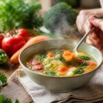 gesunde heiße Suppen zum Abnehmen: Dampfende Schale gesunde Gemüsesuppe mit frischen Kräutern auf einem Holztisch, einladend angerichtet für eine warme Mahlzeit zum Abnehmen.