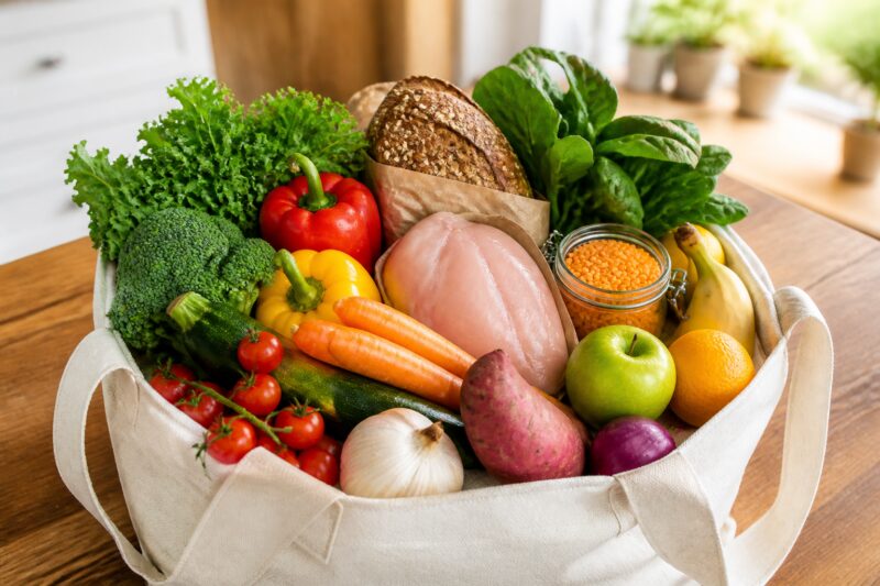Eine wiederverwendbare Einkaufstasche, prall gefüllt mit frischen, unverarbeiteten Lebensmitteln für eine gesunde Ernährung.