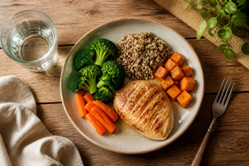 Ein leichtes und gesundes Abendessen mit Fisch, Gemüse und Quinoa, ideal für die abendliche Routine zum Abnehmen.