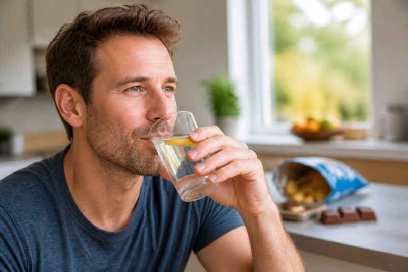 Abnehmen mit Essensplanung: Ein Mann trinkt bewusst ein Glas Wasser mit Zitrone, um Heißhunger zu vermeiden und auf seine Essensplanung zu achten.