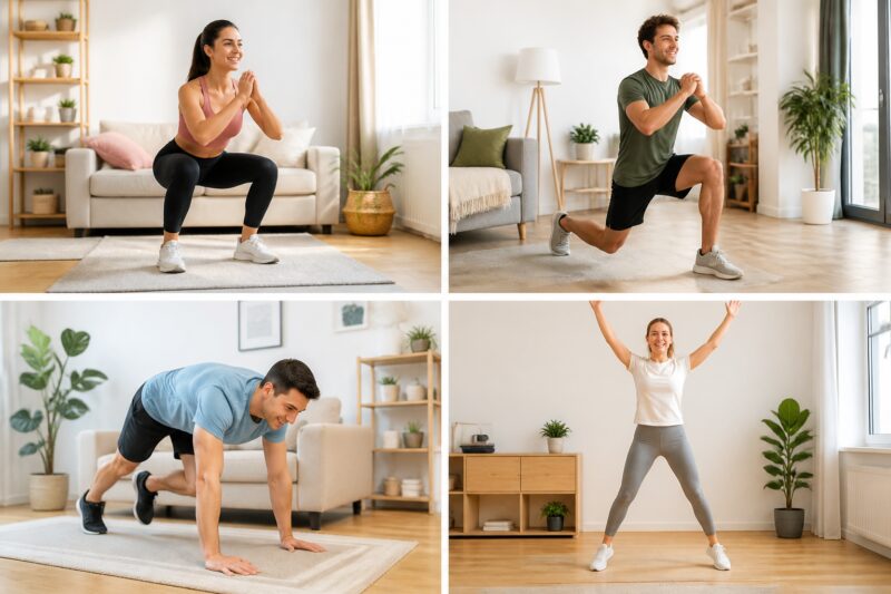 Verschiedene Personen zeigen einfache Home-Workouts für Intervalltraining zu Hause