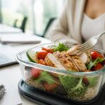 Kalorienarme Rezepte für stressige Arbeitstage: Eine farbenfrohe Meal-Prep-Box mit Salat und Hähnchenbrust auf einem Schreibtisch im Büro.