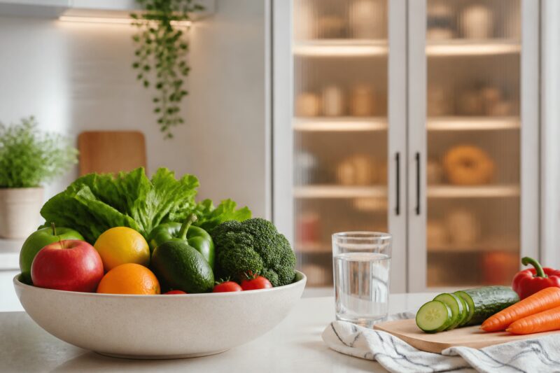 Eine aufgeräumte Küche mit frischem Obst und Gemüse auf der Theke, symbolisierend 'Abnehmen leicht gemacht' durch smarte Küchengestaltung.