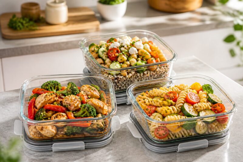 kalorienarme Rezepte für stressige Arbeitstage: Drei verschiedene, liebevoll zubereitete Meal-Prep-Gerichte in durchsichtigen Behältern, fertig für die Arbeitswoche.
