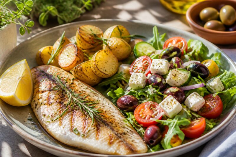 Appetitlicher Teller mit mediterranem Fisch, Rosmarinkartoffeln und frischem Salat für eine gesunde Mahlzeit