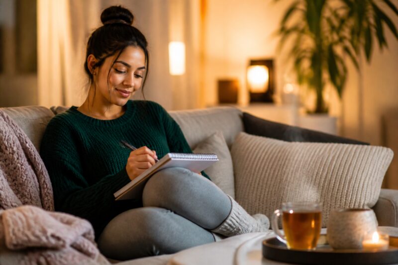 Frau schreibt achtsam in Notizbuch auf Sofa, symbolisiert positives Mindset beim Abnehmen