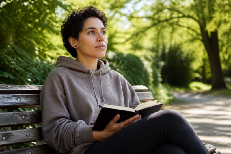 Eine nachdenkliche Person sitzt auf einer Parkbank mit einem Notizbuch, symbolisiert das wichtige Mindset für 'Abnehmen leicht gemacht'.