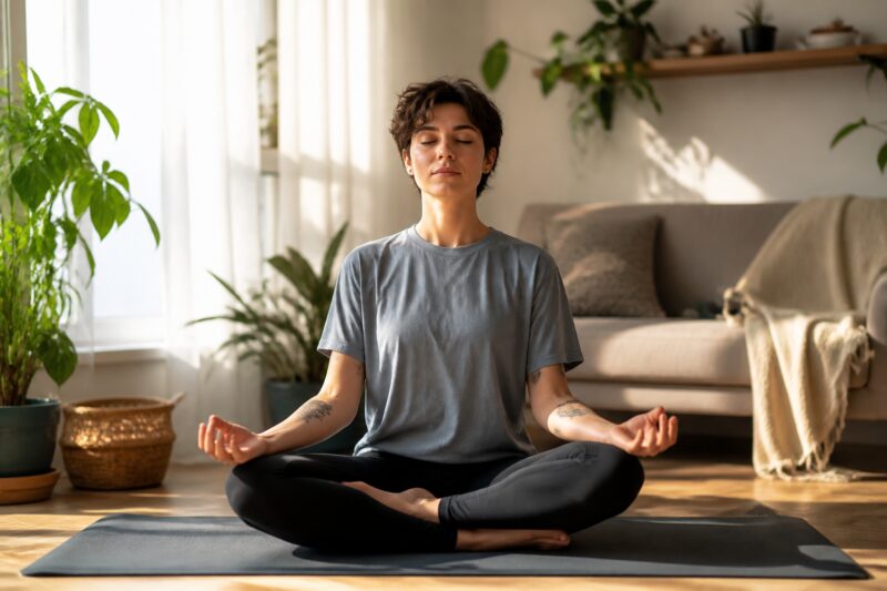 Eine Person meditiert auf einer Yogamatte, was das Mindset für nachhaltiges Abnehmen symbolisiert.
