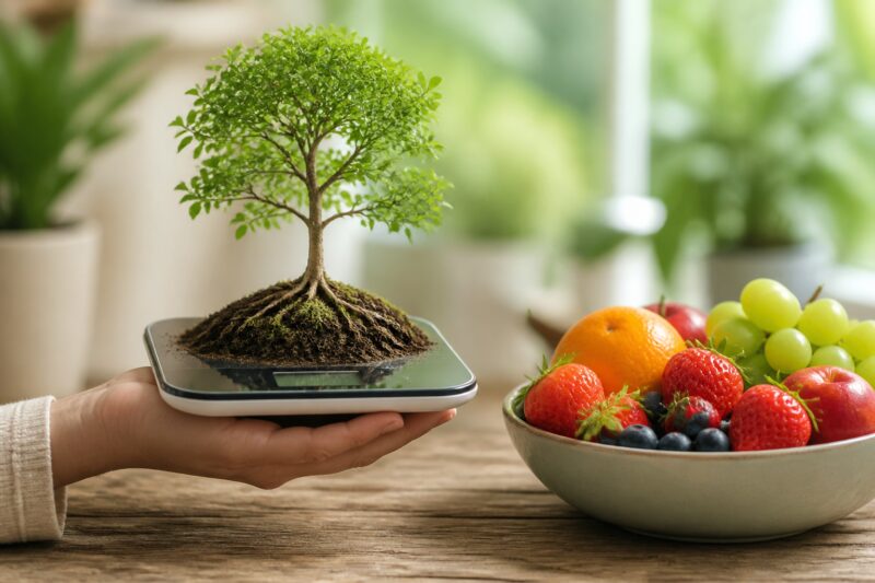 dauerhaftes Abnehmen Tipps: Hand hält Waage mit wachsendem Baum, symbolisiert nachhaltiges Gewicht halten