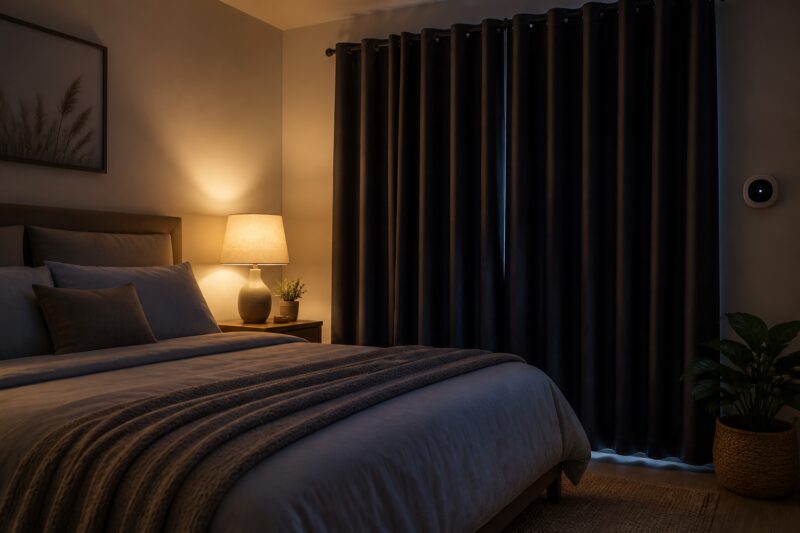 Ein perfekt eingerichtetes, ruhiges Schlafzimmer bei Nacht, das eine ideale Schlafumgebung für erholsamen Schlaf darstellt.
