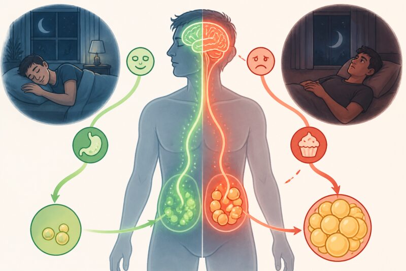 Bauchfett reduzieren durch Schlaf-Optimierung: Illustration der hormonellen Prozesse im Körper, die durch Schlaf beeinflusst werden und die Bauchfett einlagerung steuern.