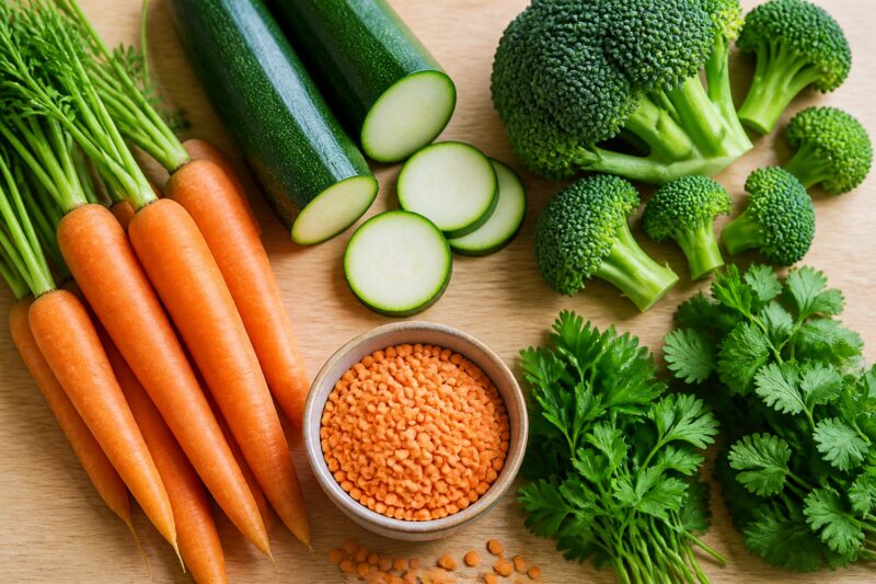 gesunde heiße Suppen zum Abnehmen: Frisches, buntes Gemüse wie Karotten, Zucchini, Brokkoli und Linsen auf einem Schneidebrett, bereit für die Zubereitung einer nahrhaften Suppe.
