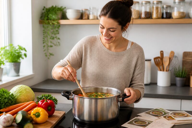 Eine lächelnde Frau kocht eine gesunde Gemüsesuppe in einem modernen Küche, daneben liegen einfache Rezeptkarten und frische Zutaten.