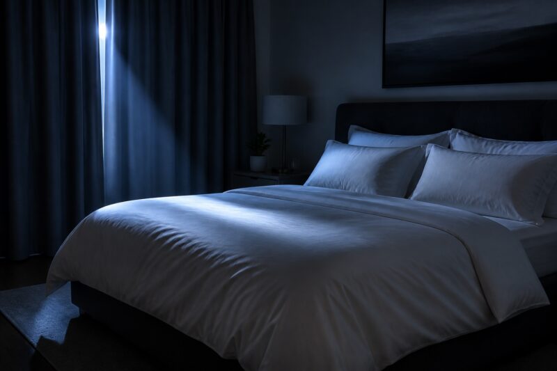 Abnehmen mit der richtigen Abendroutine: Ein dunkles, aufgeräumtes Schlafzimmer mit einem einladenden Bett, das die Bedeutung von gutem Schlaf für das Abnehmen hervorhebt.