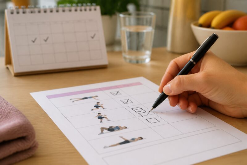Eine Hand hakt eine absolvierte Trainingseinheit auf einem Abnehm-Trainingsplan ab.