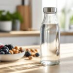 Warum Wassertrinken beim Abnehmen unverzichtbar ist: Klare Glasflasche mit Wasser und gesunden Snacks im Hintergrund, symbolisiert die Unverzichtbarkeit von Wassertrinken beim Abnehmen.