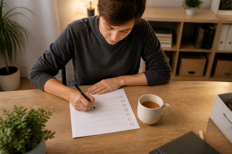 Eine Person arbeitet konzentriert an einer Checkliste für einfache Fitnessübungen für Zuhause zum Abnehmen.